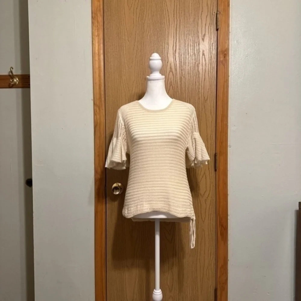 Free People Medium Off-White Open-Knit Short Sleeve Knit Top w/Bell Sleeves